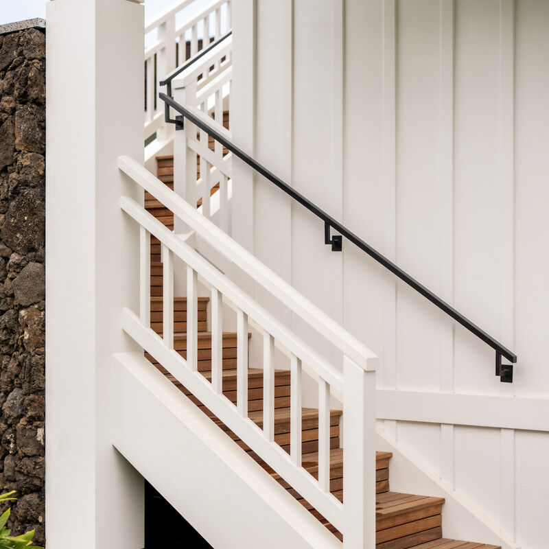 Exterior staircase with board-and-batten siding